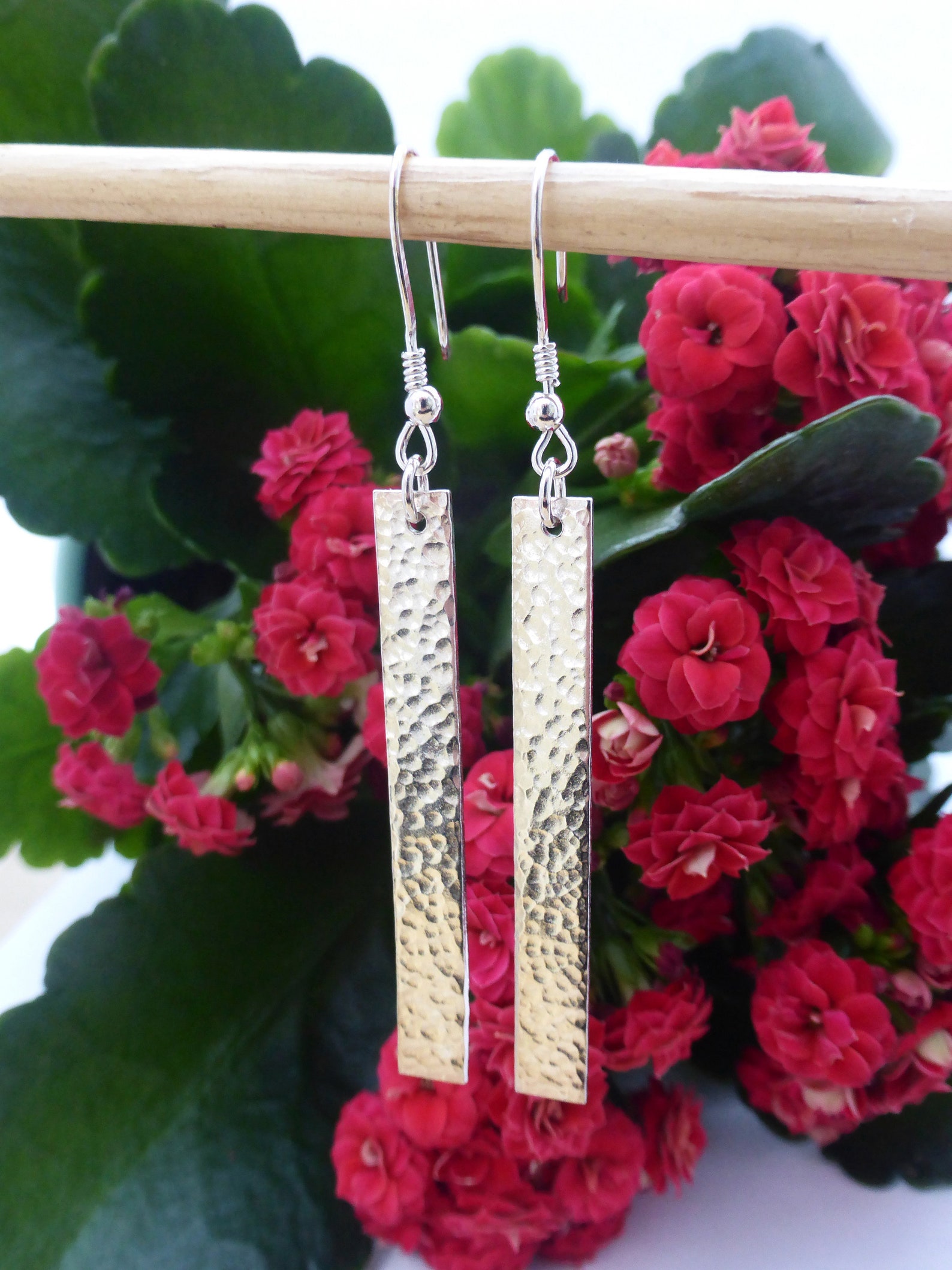 925 Long Hammered Bar Earrings Silver Drop Earrings Textured Etsy