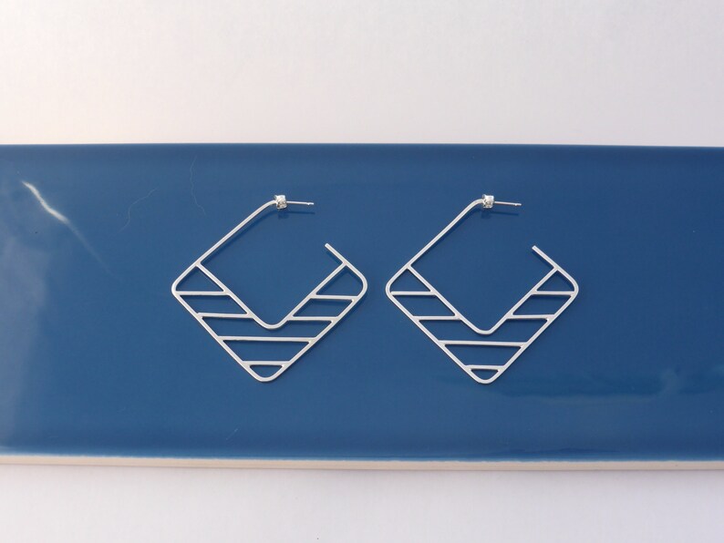 Large Square Silver Hoop Earrings with Unusual Geometric Detail