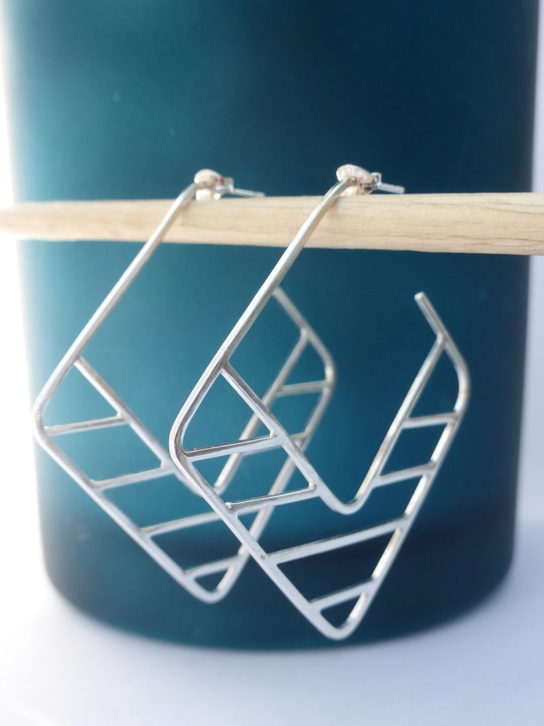 Large Square Silver Hoop Earrings with Unusual Geometric Detail