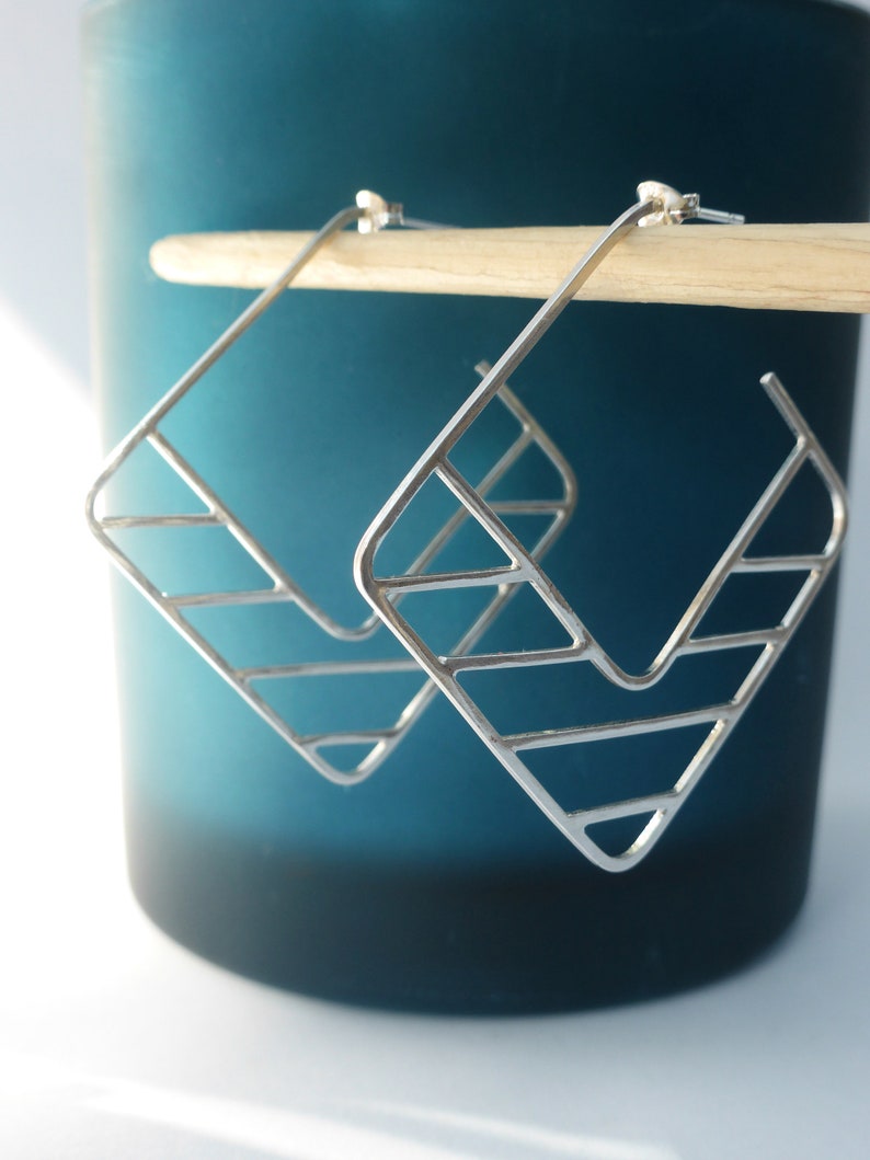 Large Square Silver Hoop Earrings with Unusual Geometric Detail