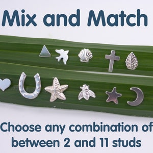 Mix and Match Ohrringe, 925 Silber Ohrstecker Set, Wählen Sie Ihre eigenen, Stern-Dreieck-Vogel-Muschel-Kreuz-Blatt-Hör-Hufeisen-Seestern-Biene-Stern-Mond