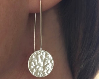 Hammered Silver Disc Earrings, Threader Earrings, Hammered Circle Earrings