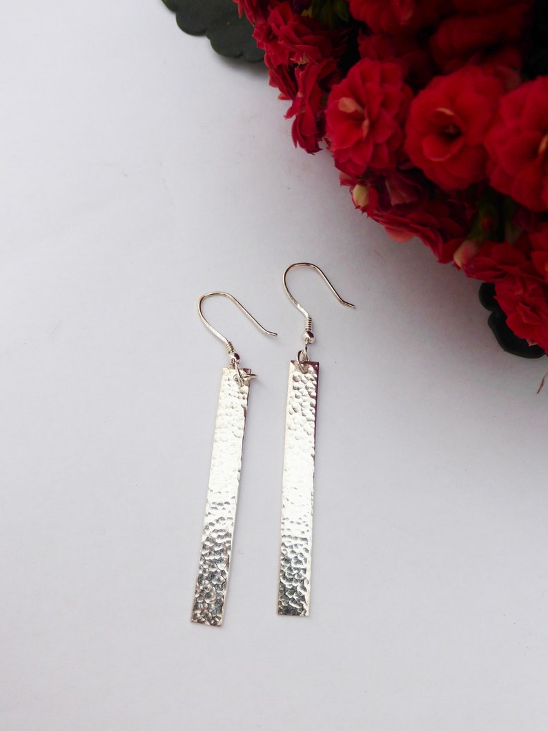 925 Long Hammered Bar Earrings Silver Drop Earrings Textured Etsy