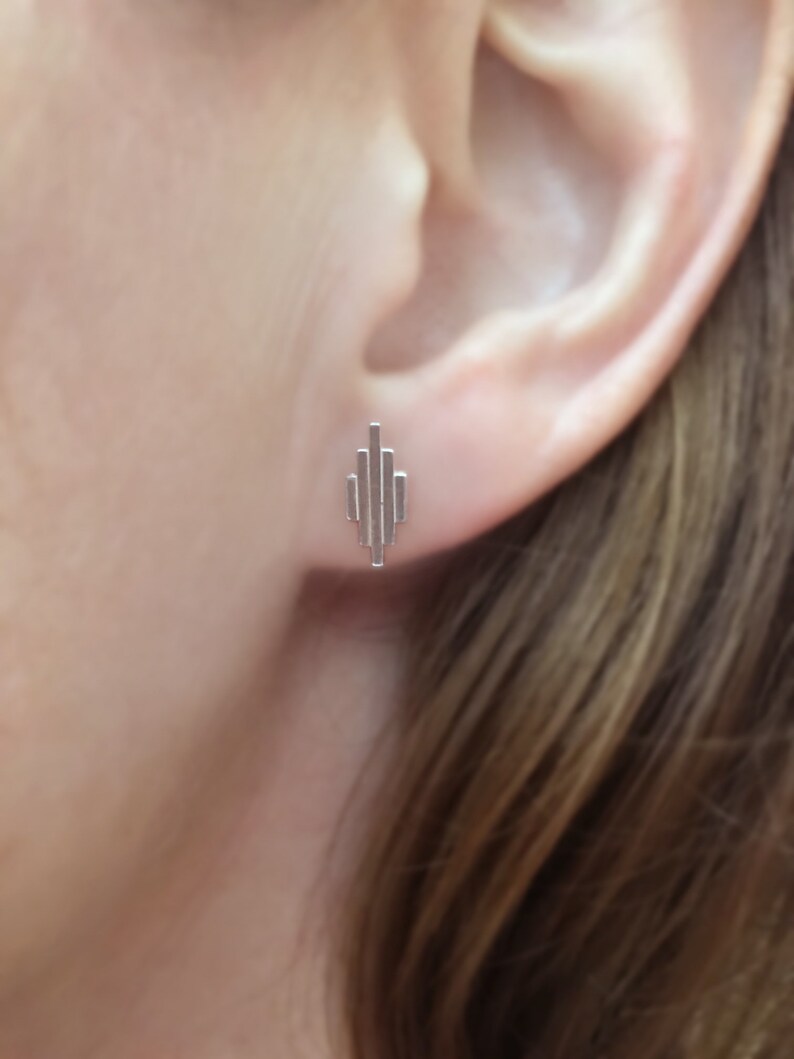 Small Silver Stud Earrings. Art Deco Style. Everyday Minimalist Earrings image 10