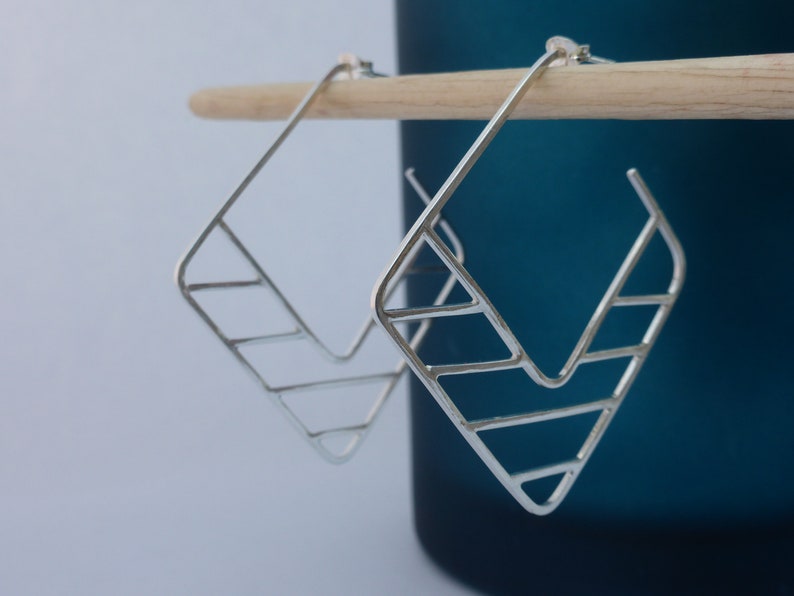 Large Square Silver Hoop Earrings with Unusual Geometric Detail