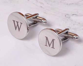 Personalised Cufflinks | Engraved Initials | Silver Round Cufflinks in Gift Box | Gift for Him, Wedding, Groomsmen, Bestman, or Fathers Day