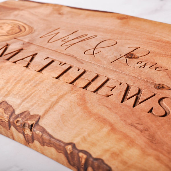 Personalised Olive Wood Chopping Cutting Cheeseboard 30-50cm– Custom Rustic Gift ideal for an Anniversary, Wedding, Christmas, New Home etc.