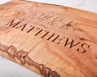 Personalised Olive Wood Chopping Cutting Cheeseboard 30-50cm– Custom Rustic Gift ideal for an Anniversary, Wedding, Christmas, New Home etc.