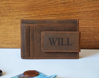 Personalised Genuine Leather Minimalist Wallet Magnetic Clip, Father's Day Birthday Anniversary Groomsmen Wedding Christmas Gift