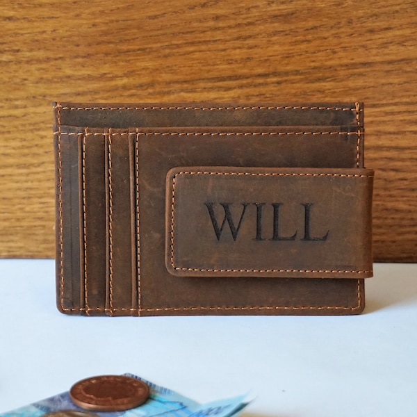 Personalised Genuine Leather Minimalist Wallet Magnetic Clip, Father's Day Birthday Anniversary Groomsmen Wedding Christmas Gift