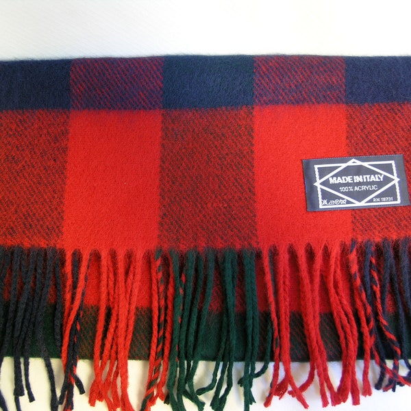 Checked Givenchy Scarf, Shawl, Wrap / Made in Italy / 100% Acrylic / Red, Blue and Green Checked with Fringe / NEW in Original Box