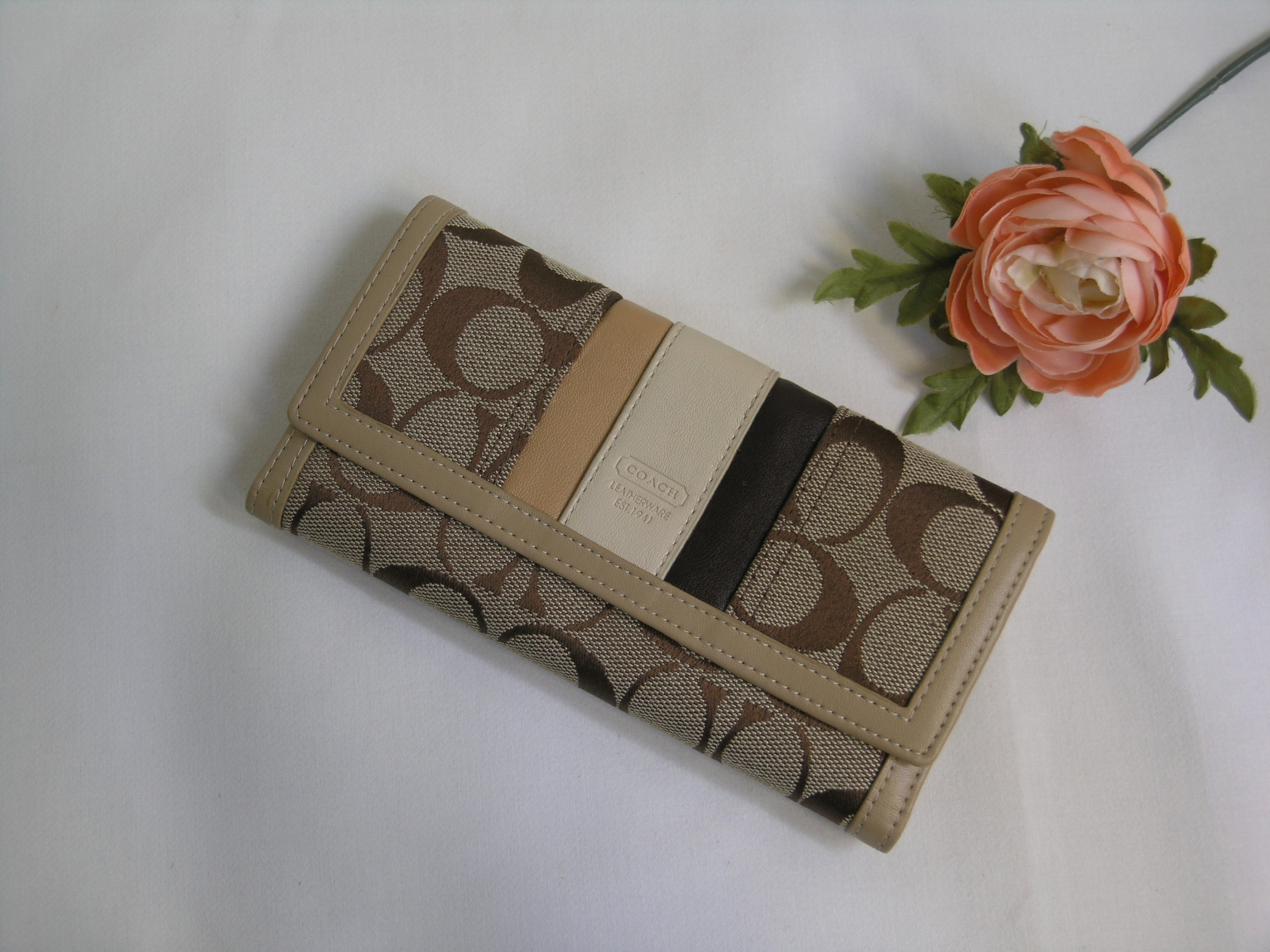 Coach Signature Collection Trifold Wallet Checkbook Wallet Tan and Beige Beige Leather Trim Over Signature Canvas NEAR MINT Etsy Ireland