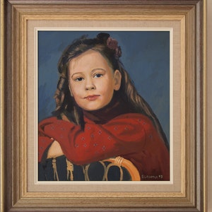 May include: A painting of a young girl with long brown hair wearing a red sweater with a floral pattern. She is sitting in a chair and looking at the viewer. The painting is signed "Slavianna 97".