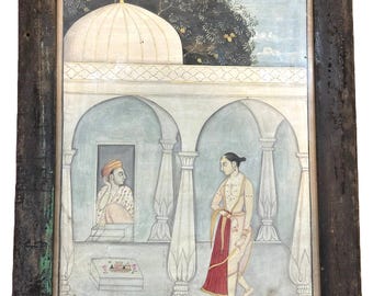 Antique Indian Miniature Painting with Natural Stone Pigments | Framed Hand-Painted Palace Scene