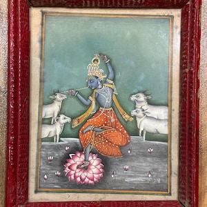 Vintage indische Krishna Miniaturmalerei | Stein Farbe Bemalung