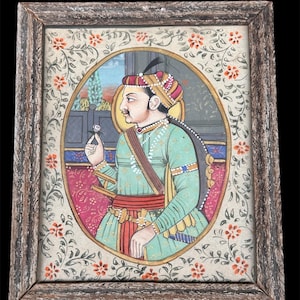Vintage Indian Miniature Painting • Mughal Royal Portrait • Hand-Painted Rajasthani Art • Antique Wall Decor • Collectible Indian Artwork