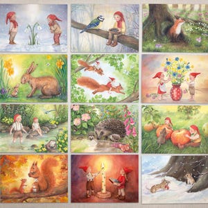 Set van 12 ansichtkaarten met kabouters en dieren