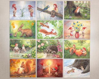 Set di 12 cartoline con gnomi e animali