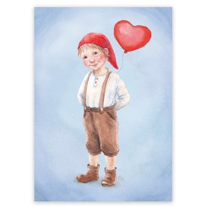 Gnome de carte postale avec ballon coeur