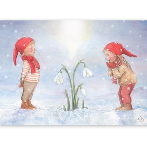 Postkarte Wichtel mit Schneeglöckchen, Waldorf Jahreszeitentisch