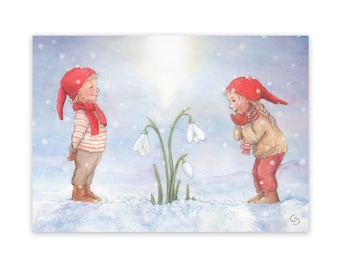 Postcard gnome with snowdrops, Waldorf seasonal table