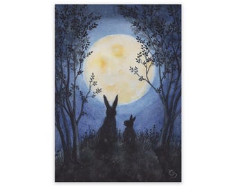 Postcard Rabbits at Full Moon