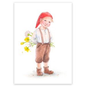 Postkarte Wichtel mit Blumen, Waldorf Jahreszeitentisch