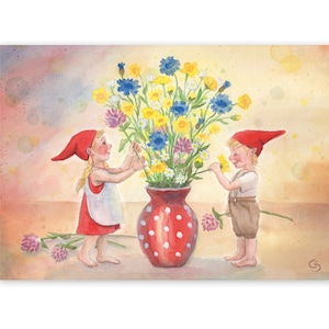 Postal gnomo flores de verano, mesa de temporada Waldorf