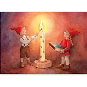 Postkarte Geburtstag, Wichtel mit Kerze, Waldorf Jahreszeitentisch