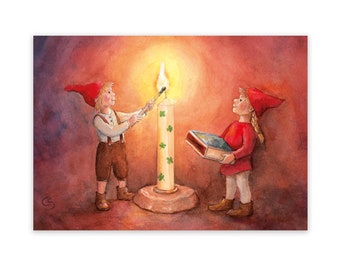 Urodzinowa pocztówka, krasnal ze świecą, sezonowy stół Waldorf