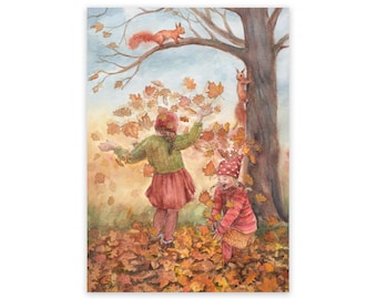 Postal de otoño con niños entre las hojas, mesa de temporada Waldorf