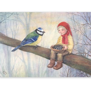 Postkarte Wichtel mit Blaumeise, Waldorf Jahreszeitentisch