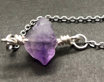 Raw Amethyst Pendant Necklace: Sterling Silver, February Birthstone