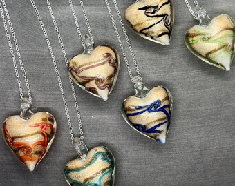 Murano Glass Heart Pendant Necklace: Hand Blown Glass on Sterling Silver
