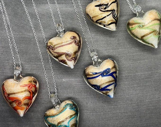 Murano Glass Heart Pendant Necklace: Hand Blown Glass on Sterling Silver
