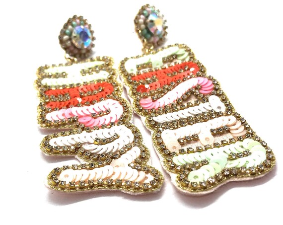 Happy Easter Earrings, Sequin & Beaded Post Earrings, Seed Bead Earrings, Spring Handmade Jewelry, Pastel Colors