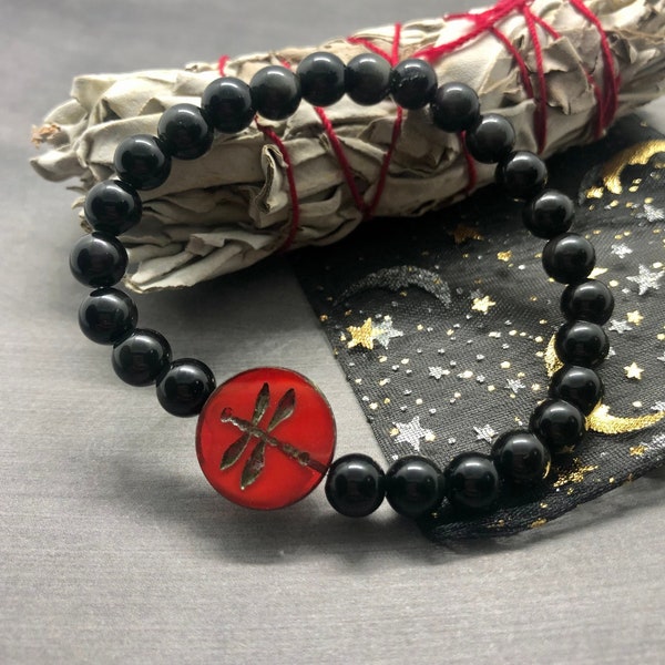 Bracelet en obsidienne, bracelet de perles libellule, bracelet de protection, pierres précieuses et énergie de guérison, 6 mm ou 8 mm