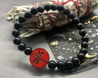 Obsidian Bracelet, Dragonfly Beaded Bracelet, Protection Gemstone Healing Energy Bracelet, 6mm or 8mm