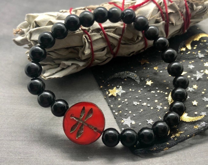 Obsidian Bracelet, Dragonfly Beaded Bracelet, Protection Gemstone Healing Energy Bracelet, 6mm or 8mm