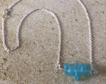 Aqua Blue Sea Glass Necklace Sterling Silver,  Gold Filled