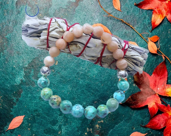 Genuine Turquoise and Sunstone Bracelet, Natural Turquoise and Orange Sunstone Bracelet, Gemstone Healing Creativity and Positive Intent