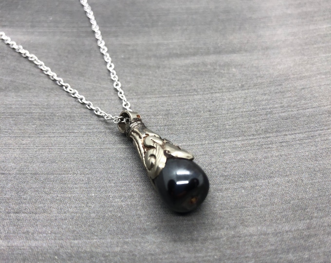 Hematite Necklace, Sterling Silver, Antique Silver Capped Hematite Pendant Necklace, Spiritual Healing Jewelry, Gift for Her