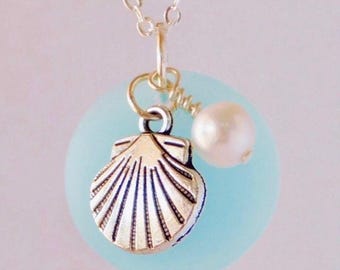 Sea Glass Necklace Blue Beach Glass Jewelry Sterling Silver Sea Glass Pendant aqua blue Freshwater Pearl Shell Charm Necklace