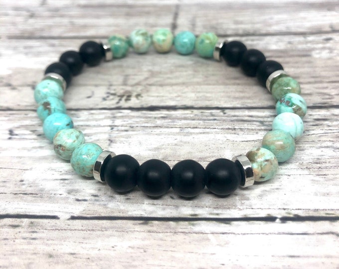 Turquoise and Black Onyx Chakra Beaded Bracelet - Healing Jewelry, Prosperity and Protection