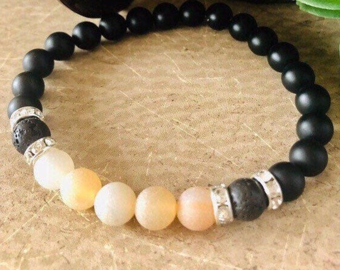 Men's Black Onyx Beaded Bracelet, Sunstone and Black Onyx Healing Bracelet, Black Onyx and Sunstone Diffuser Bracelet