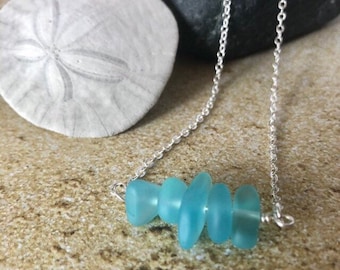Aqua Blue Sea Glass Necklace Sterling Silver,  Gold Filled