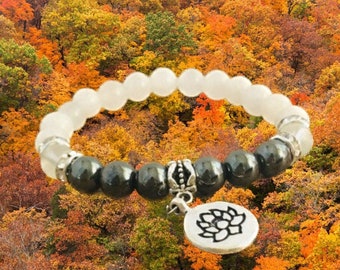 Hematite Bracelet: Jade & Frosted Quartz, Lotus Flower Charm