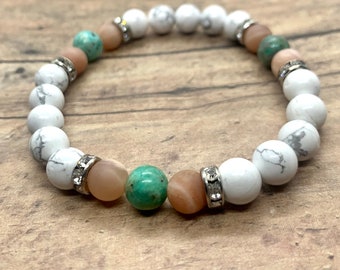 White Howlite, Genuine Turquoise and Sunstone Calming Beaded Bracelet, Crystal Positivity Yoga Meditation Bracelet