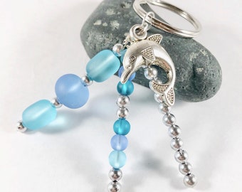 Sea Glass Keychain Necklace Blue Beaded