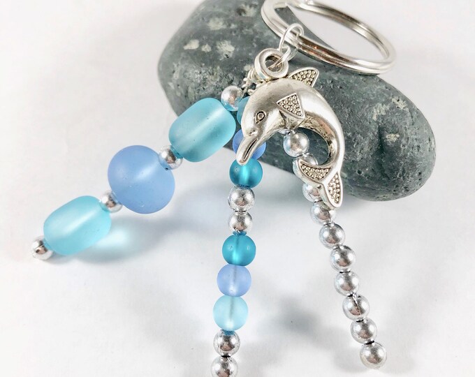 Sea Glass Keychain Necklace Blue Beaded